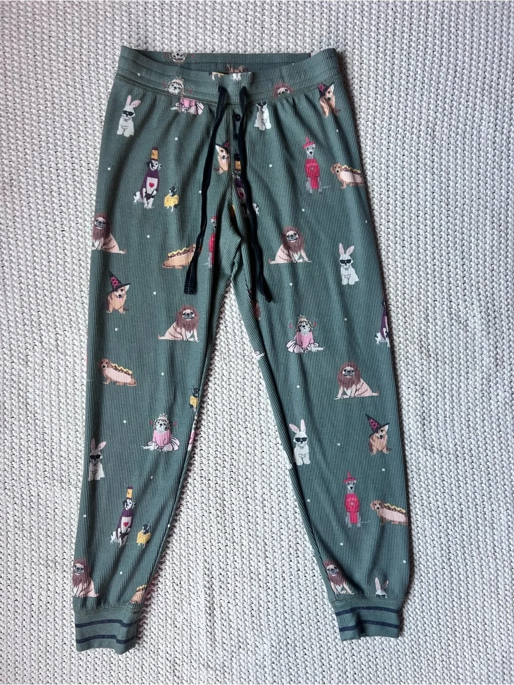 PJ Salvage My Boo Long Sleeve Ribbed Pajama Set Olive Green Cute Puppy Dog Sz XS
